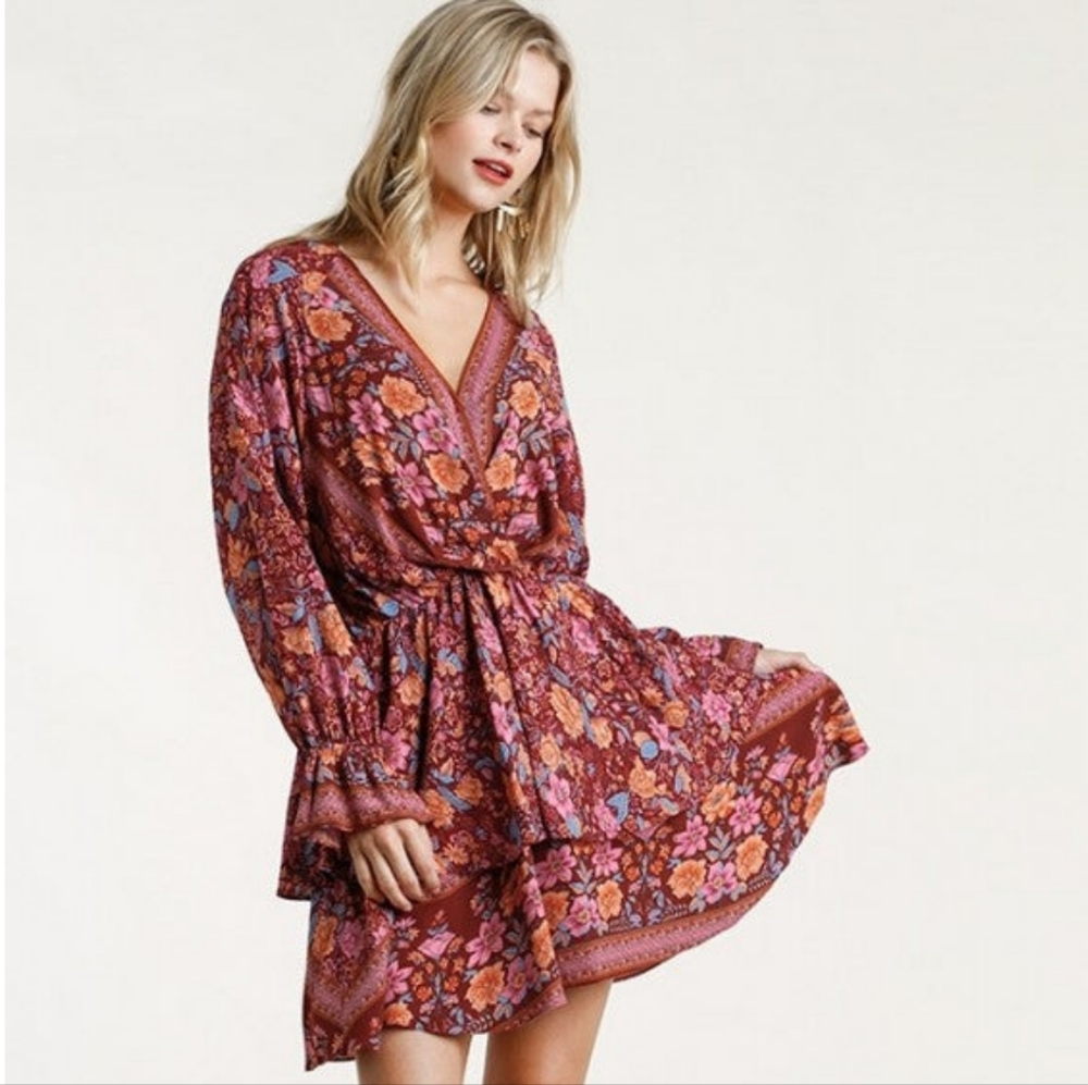 Umgee Maroon Floral Ruffle Long Sleeve Dress Small - Picture 2 of 8